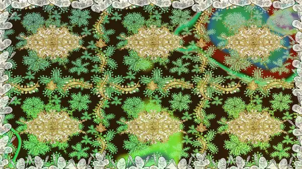 Altın elementli yeşil renkler. Raster illüstrasyonu. Raster altın desen. Doğu tarzı arabesk. Kusursuz altın desenli bukleler..