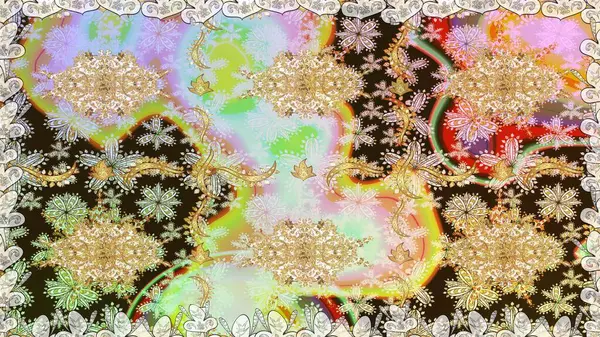 Çiçek desenli altın metal. Tarafsız renkler ve altın elementler. Kusursuz altın desen. Raster altın çiçek süsü brokar kumaş ve cam desenli..