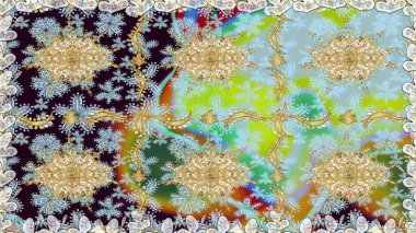 Süslü dantel iz sürücü. Çiçekli süslemeli, pürüzsüz bir desen. Duvar kâğıdı için altın süslü bir illüstrasyon. Tarafsız renkler üzerine geleneksel Arapça dekor. Doğu tarzında vintage tasarım ögesi.