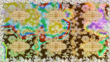 Süslü dekorasyon. Damask altın soyut çiçek nötr renklerde pürüzsüz desen. Raster illüstrasyonu.