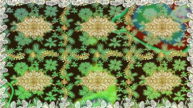 Altın elementli yeşil renkler. Raster illüstrasyonu. Raster altın desen. Doğu tarzı arabesk. Kusursuz altın desenli bukleler..