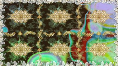 Kahverengi renkte desen. Kına dövmeli süs çiçekleri, altın çıkartmalar, mehndi ve yoga tasarımı, kartlar ve parmak izleri. Raster altın mehndi kusursuz desen.