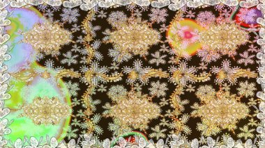 Raster altın desen. Altın elementli kahverengi renkler. Raster illüstrasyonu. Doğu tarzı arabesk. Kusursuz altın desenli bukleler..