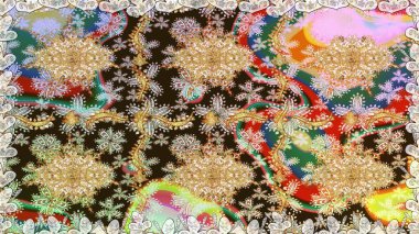 Davetiyeler, kartlar, web sayfası için Raster illüstrasyon. Altın desenli çiçek dekoru. Kahverengi renklerde altın element. Çizgi sanatı tasarım şablonu için kusursuz sınır. Doğu tarzı ögesi.