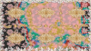 Altın antika ortaçağ dekoratifi, yapraklar ve tarafsız renklerde altın desenli süslemeleri olan dikişsiz bir şablon. Kusursuz kraliyet lüksü, altın barok kumaş rengi..