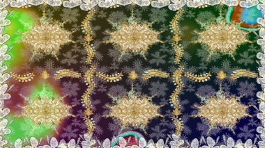 Kusursuz altın desenli bukleler. Doğu tarzı arabesk. Raster altın desen. Raster illüstrasyonu. Altın elementli gri renkler.