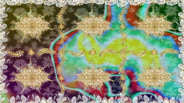 Altın antika ortaçağ dekoratifi, yapraklar ve tarafsız renklerde altın desenli süslemeleri olan dikişsiz bir şablon. Kusursuz kraliyet lüksü, altın barok kumaş rengi..