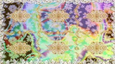 Altın elementlerle nötr renklerde altın desen. Süslü raster dekorasyonu. Barok tarzında duvar kağıdı tasarımı için kusursuz damaske deseni arkaplanı.