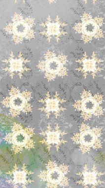 Raster Floral Illustration, Asyalı tekstil. Gri renkli etnik çiçeklerle zarif eskiz deseni.