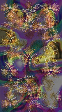 Raster illüstrasyonu. Güzel tasarım. Noel için tatil tasarımı, yeni yıl moda baskıları. Kahverengi, mor ve gri kar taneleri. Kar tanelerinin soyut arkaplanlı Noel arkaplanı.