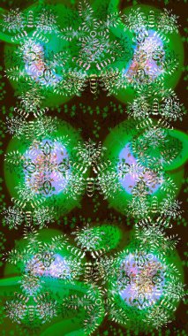 Yuvarlak raster kar tanesi. Güzel kar tanesi. Renkli arka planda izole tatlı kar taneleri. Soyut kış yeşili, kahverengi ve nötr süs. Raster illüstrasyonu.