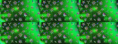 Raster Floral Illustration, Asyalı tekstil. Yeşil renkli etnik çiçeklerle zarif eskiz deseni.