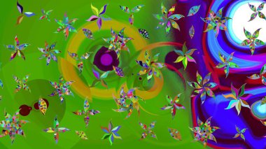 Çiçekler. Soyut etnik raster çizim kalıbı. Vadinin yeşil renkli çiçekleri.