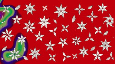 Halk tarzı. Kırmızı ve nötr renklerde yapraklar ve parlak renkli çiçeklerle muhteşem bir çiçek deseni. Moda baskıları için zarif bir şablon. Modern çiçek arkaplanı.