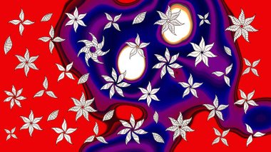 Raster illüstrasyonu. Çiçek deseni. Şatafatlı bahar bahçesi dokusu. Kırmızı ve mavi renkte çiçek çizimi. Kırmızı ve mavi renkte çiçekler.