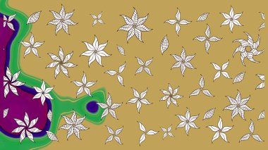 Raster illüstrasyonu. Şirin çiçekli eskiz deseni ve sarı ve nötr renklerde yapraklar, suluboya çiçek deseni, duvar kağıdı, kart veya kumaş için fayanslı.