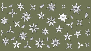 Nazik, narin çiçek arkaplanı. Çiçekli karalama şeklinde Raster çiçek deseni. Yeşil ve beyaz renkte çiçekler.