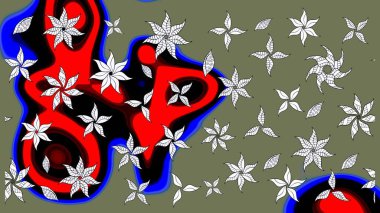 Moda baskıları için zarif bir şablon. Modern çiçek arkaplanı. Parlak renkli çiçekleri olan ve yeşil ve siyah renkte yaprakları olan harika bir çiçek deseni. Halk stili.