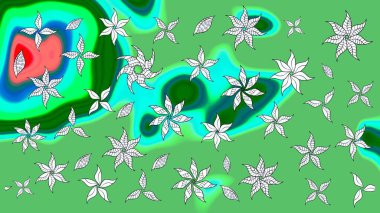 Raster illüstrasyonu. El çizimi çiçekli soyut çizim kalıbı. Yeşil renkte çiçekler.