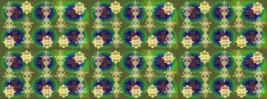 Kar tanelerinin soyut arkaplanlı Noel şablonu. Yeşil, mavi ve sarı kar taneleri. Noel ve yeni yıl moda baskıları için tatil tasarımı. Raster illüstrasyonu.