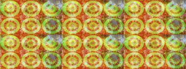 Kar tanelerinin soyut arkaplanlı Noel şablonu. Noel ve yeni yıl moda baskıları için tatil tasarımı. Sarı, yeşil ve turuncu renkler. Raster illüstrasyonu.