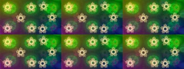 Güzel soyut kar taneleri raster tasarımı. Düz kar karalama ikonları, kar taneleri silueti yeşil, mavi ve kahverengi renkler noel afişi, kartlar. Yeni yıl kar tanesi.