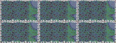 Nakış, egzotik kelebeklerle süslenmiş çiçeksiz desenler. Giysi tasarımı için mavi ve gri arka planda geleneksel halk çiçekleri dekoru. Kart, yazdırma, davet için basit şirin desen