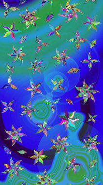 Raster illüstrasyonu. Suluboya tarzında mavi ve yeşil renklerde. Küçük çiçekli bahar deseni çiz.