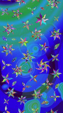 Raster illüstrasyonu. Soyut çiçek çizim kalıbı arka planı. Mavi ve yeşil renklerde. Raster deseni. Küçük çiçekte sevimli çiçek deseni var..