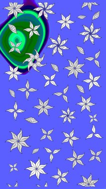 Raster çiçek desenli çiçek deseni, yapraklar, dekoratif elementler, sıçrama, lekeler, el çizimi kontur çizgileri ve Doodle çizim stili, grafik raster çizim çizimi.