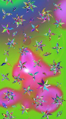 Çiçeksel elementlerle süslenmiş zarif raster dokusu. Küçük çiçekte hoş bir çiçek deseni var. Parlak çiçekli yeşil ve mor renkler üzerine soyut çizim deseni.