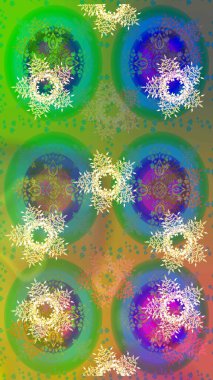 Raster Noel soyut renkli arka plan ve tatlı kar tanesi. Farklı kar taneleri toplayıcısı, yeşil, mavi ve sarı renklerde kış elementleri..