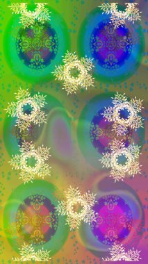 Raster illüstrasyonu. Yeşil, nötr ve bej renkli kar taneleri. Renkli arka planda izole tatlı kar taneleri.