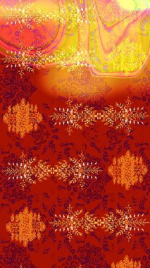 Raster illüstrasyonu. Suluboya çiçekli çiçek deseni. Kırmızı, turuncu ve sarı renklerde Asya tekstili.