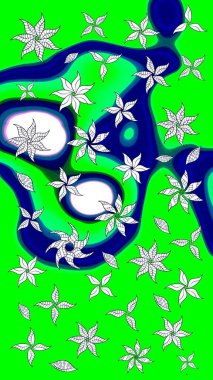 Yeşil ve mavi renkte çiçekler. Hediye ambalaj kağıdı, tebrik kartları, posterler ve pankart tasarımı. Raster düz çiçek çizim deseni.