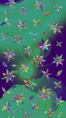 Raster illüstrasyonu. Suluboya çiçekli çiçek deseni. Yeşil ve mavi renkli güzel tekstil..