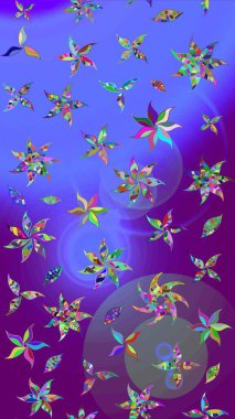 Raster illüstrasyonundaki çiçek desenli çizim. Mor ve mor renkte çiçekler.