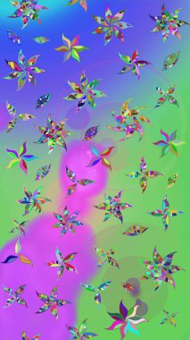 Renkli Bahar Teması eskiz kalıbı. Raster Modaya uygun kumaş deseni. Mor ve yeşil renkli şirin çiçek desenleri. Düz Çiçek Elementleri Tasarımı.