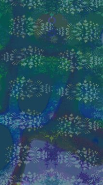 Parmak izi, kumaş, duvar kâğıdı, tekstil için raster dokusu. Renkli grunge, soyut arkaplanı kolomavi ve yeşil çiçeklerle süslüyor. Nakış desenli çiçek deseni..