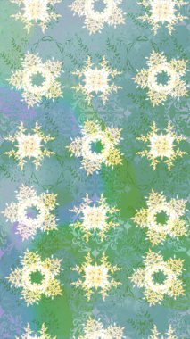 El çizimi çiçek unsurları olan soyut çizim raster deseni. Retro tekstil tasarım koleksiyonu. 1950-1960 motifleri. Mavi ve yeşile mavi ve yeşil. Çiçekli ipek eşarp..