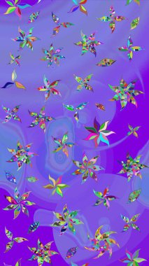 Çiçekli çiçek deseni, suluboya. Düz Çiçek Elementleri Tasarım Raster illüstrasyonu. Mor ve mavi renkte çiçekler. Renkli Bahar Teması çizim kalıbı..