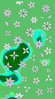 Raster illüstrasyonundaki çiçek desenli çizim. Yeşil ve mavi renkte çiçekler.