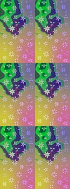 Tarafsız ve yeşil renklerdeki çok renkli ve yeşil zarif küçük çiçekler ve komik böcekler, raster desen, illüstrasyon.