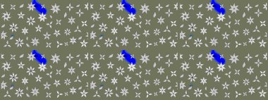 Tekstil için suluboya eskiz deseni. Şirin çiçekli, desenli, yeşil ve beyaz renkli bir eskiz deseni. El çizimi çiçek çizimi deseni (fayans)).