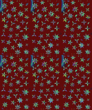 Suluboya elle çizilmiş çiçek desenli eskiz deseni. Parlak renkli fantezi çiçekleri, yapraklar, kırmızı renkli tomurcuklar..