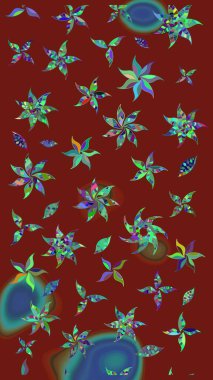 Şirin çiçekli eskiz deseni ve kırmızı renklerde yapraklar, suluboya çiçek deseni, duvar kağıdı, kart veya kumaş için fayanslı. Raster illüstrasyonu.