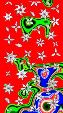 Kırmızı renkte çiçekler. Raster illüstrasyonu. Raster illüstrasyonu. Çiçek desenli çizim. Asya tekstil tarzında.