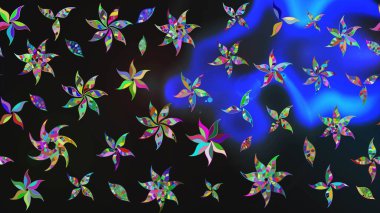 Raster çiçek desenli çiçek deseni, yapraklar, dekoratif elementler, sıçrama, lekeler, el çizimi kontur çizgileri ve Doodle çizim stili, grafik raster çizim çizimi.