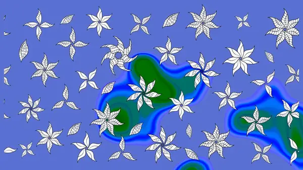 Hediye ambalaj kağıdı, tebrik kartları, posterler ve pankart tasarımı. Mavi renkli çiçekler. Raster düz çiçek çizim deseni.