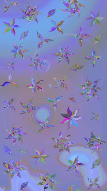 Raster deseni. Raster illüstrasyonu. Mor ve mavi renklerde bahar çiçekleri. Patlayan çiçekler soyut yerleştirilmiş.